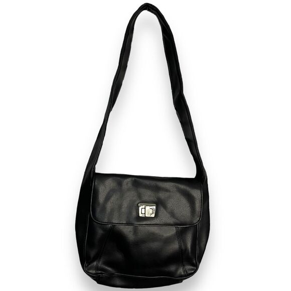 Faux Leather Shoulder Bag Womens Black Pockets Retro Pockets Minimalist Turnlock - Picture 2 of 11